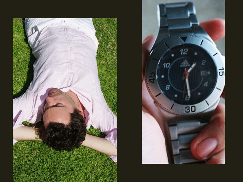 Two images: at left, light-skinned person with stubble and curly hair lying upside down on green grass wearing white pants and a pink and white pinstriped collared shirt, resting. At right: light-skinned hand holding a sportswatch with hands showing 1:30.