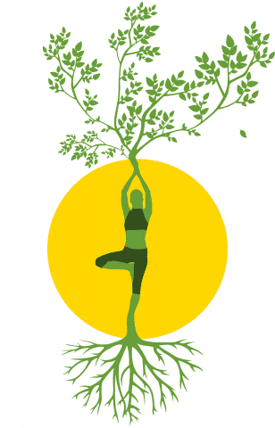 green person in yogic tree pose with green leaves growing out their hands and green roots growing out their feet with a yellow sun behind them.
