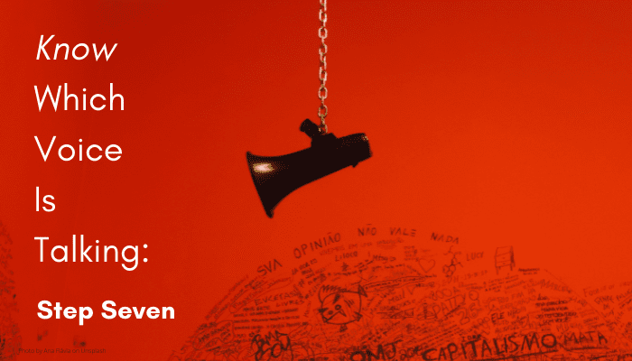 black megaphone hanging over a black scribble of words like opinion and capitalism (in Portuguese) on a red background with the words in white at the left: Know Which Voice is Talking: Step One.