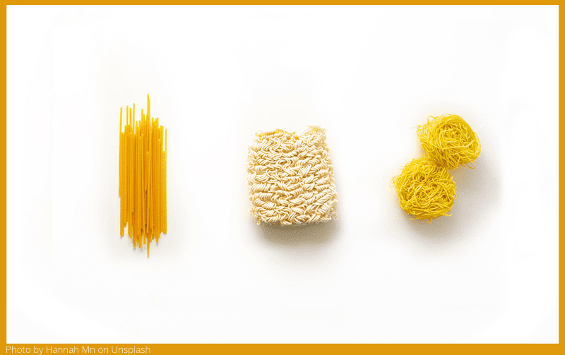 three kinds of instant noodles: straight spaghetti, curly ramen, and little pasta "nests"