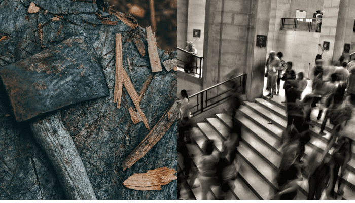Two images juxtaposed: a blue-gray axe blade with a weathered handle laid down on a gray stump with blue-black radiance with wood fragments and a black and white crowd scene walking up and down stone steps inside a large public building.