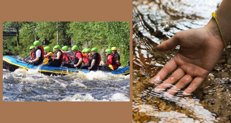 On left, whitewater rafters in bright green helmets on a blue raft with red lifejackets. On right, a lightskinned hand palm up letting shallow water flow over it against brown and taupe river pebbles.